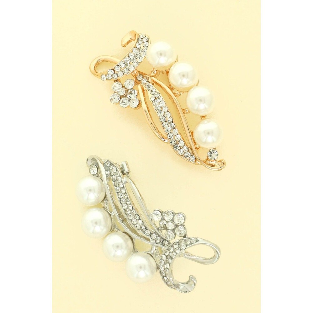Crystal & Pearl Scroll Bouquet Brooch Pin - Diona J
